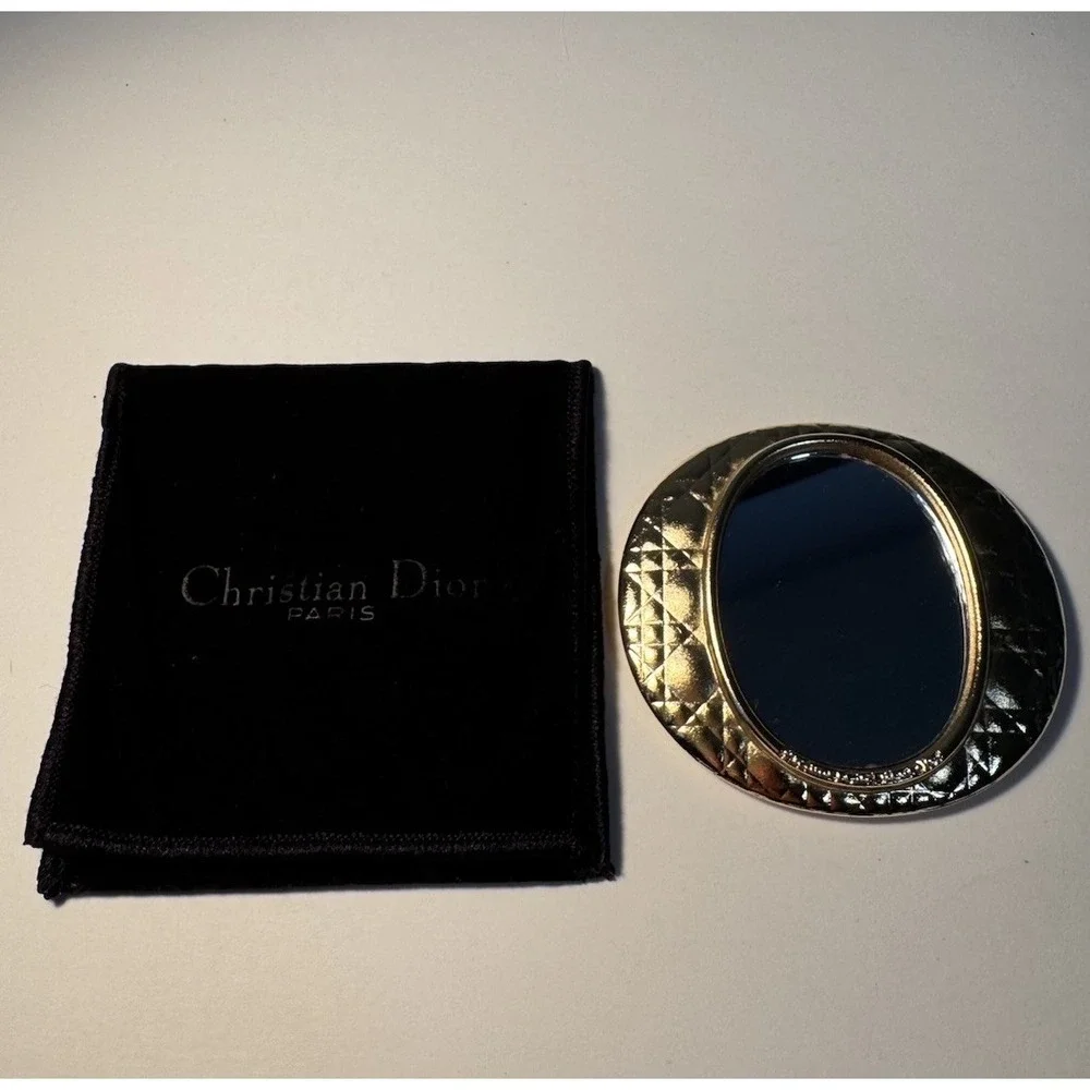 Christian Dior Compact Hand Mirror Matte Gold Vintage W/ Velvet Pouch Authentic